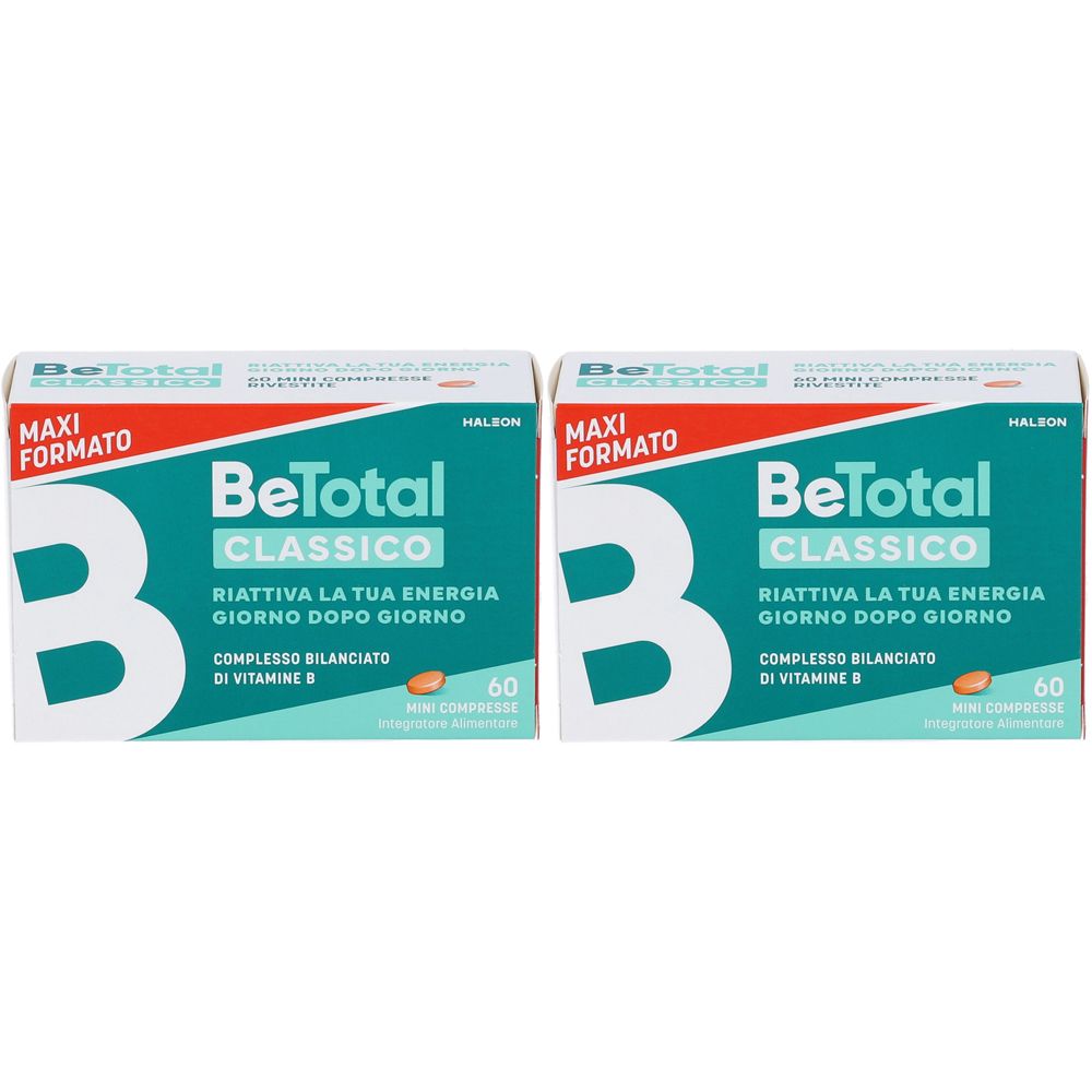Due confezioni di BeTotal Classic. Scatole bianche con elementi e testo blu-verde. Contiene 60 mini compresse.