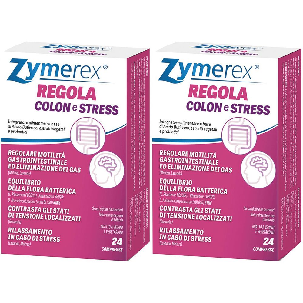 Due scatole rettangolari con scritto Zymerex Regola Colon e Stress. Scritta in italiano. Ogni scatola contiene 24 compresse.