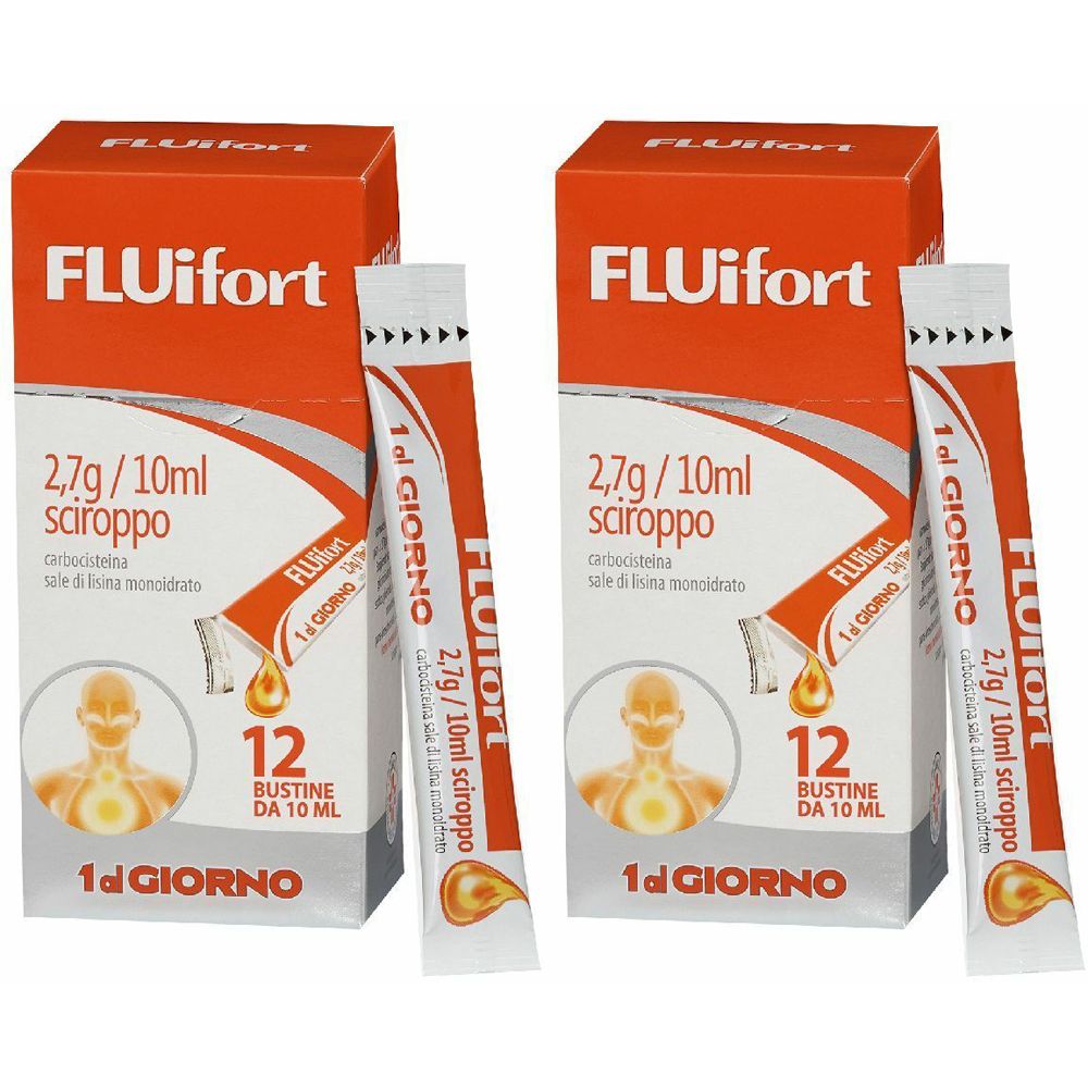 Due confezioni di FLUIfort sciroppo, 12 bustine. Scritto: 2,7g/10ml, 1d GIORNO. Bustine singole visibili.