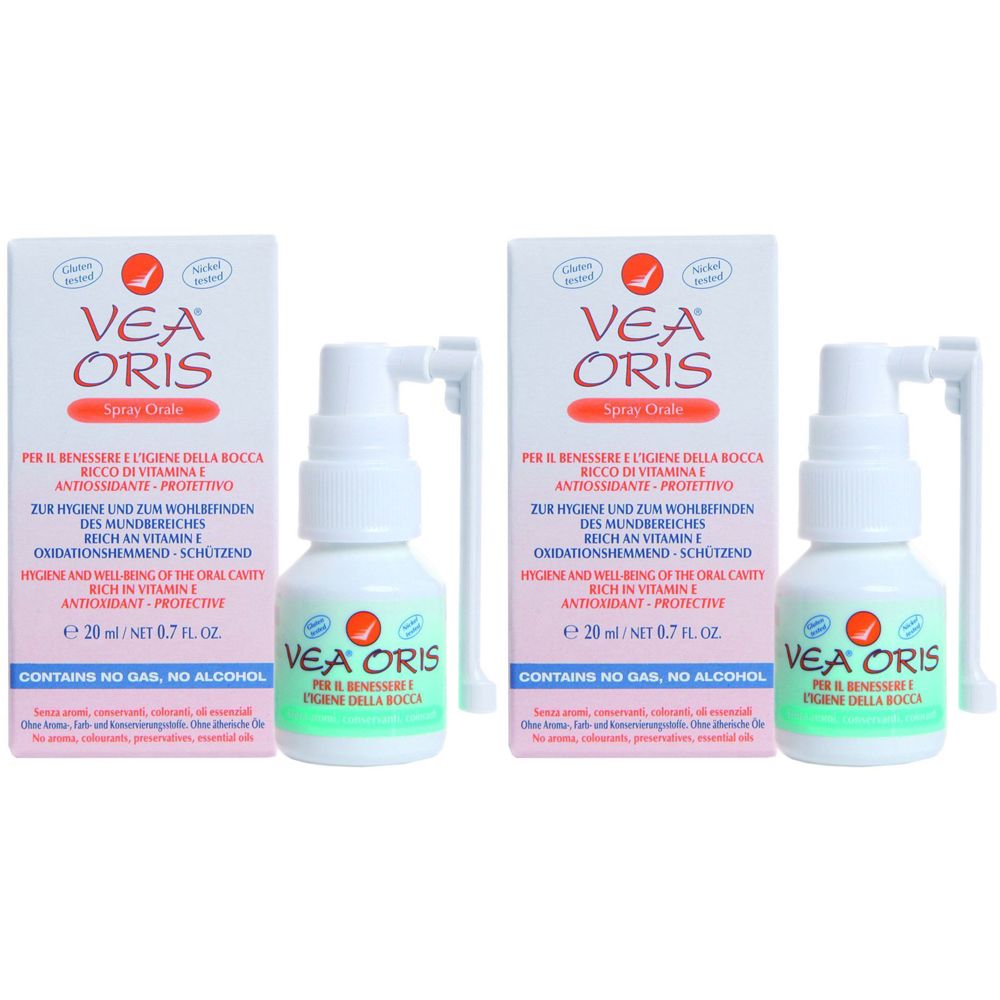 Due spray e confezioni. Scritta: VEA ORIS Spray Orale. Contiene vitamina E. Per l'igiene orale. Senza gas, senza alcool.