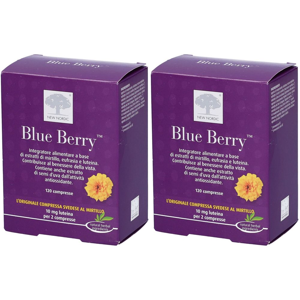 Due scatole viola "Blue Berry". Testo italiano. Logo: albero. 120 compresse. Ingredienti: mirtillo, luteina.