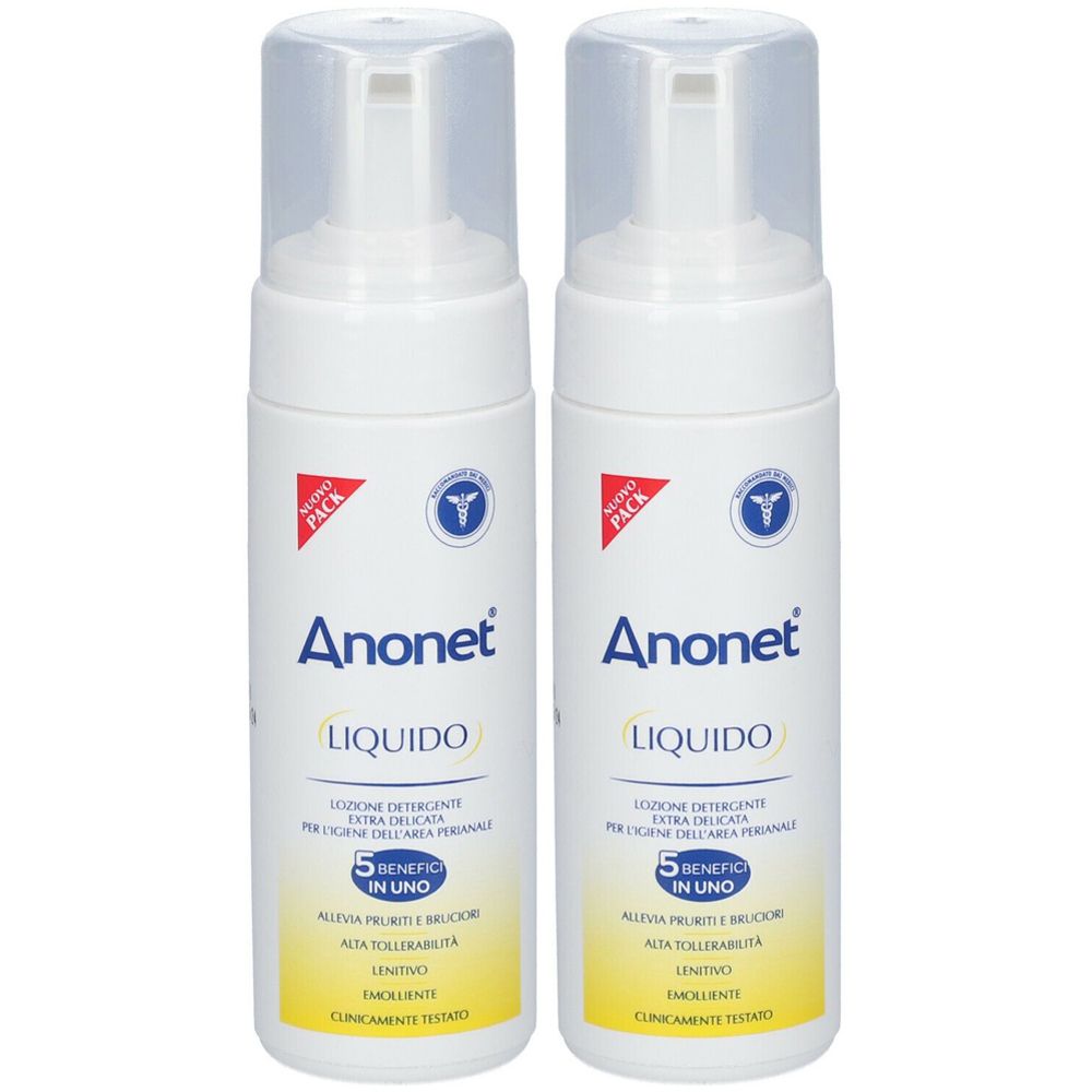 Due flaconi bianchi con erogatore. Scritta "Anonet Liquido". Loghi rossi e blu. Area gialla con testo.
