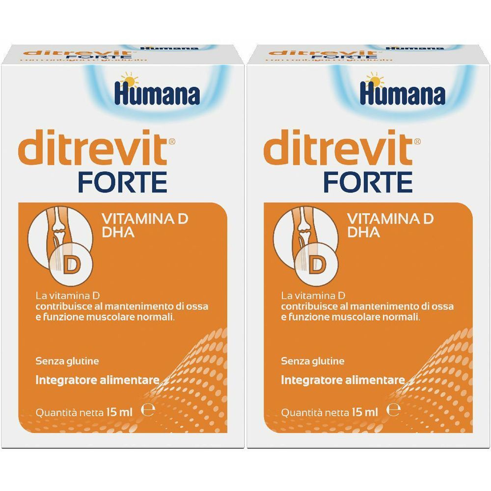 Due confezioni di Ditrevit Forte. Scritta: Humana, Ditrevit Forte, Vitamina D DHA. Contiene integratore alimentare senza glutine. Quantità netta 15 ml.