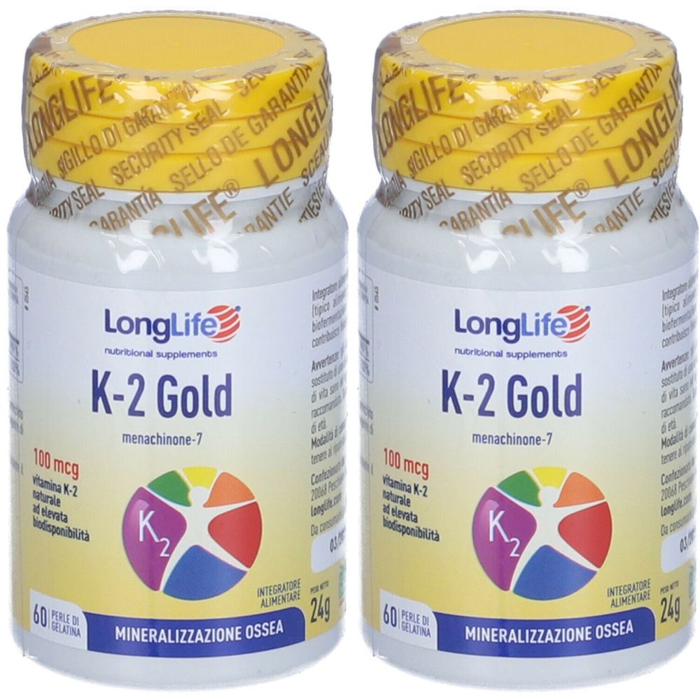 Due flaconi con tappo giallo. Scritta: LongLife K-2 Gold, 100 mcg. Etichette con informazioni e logo.