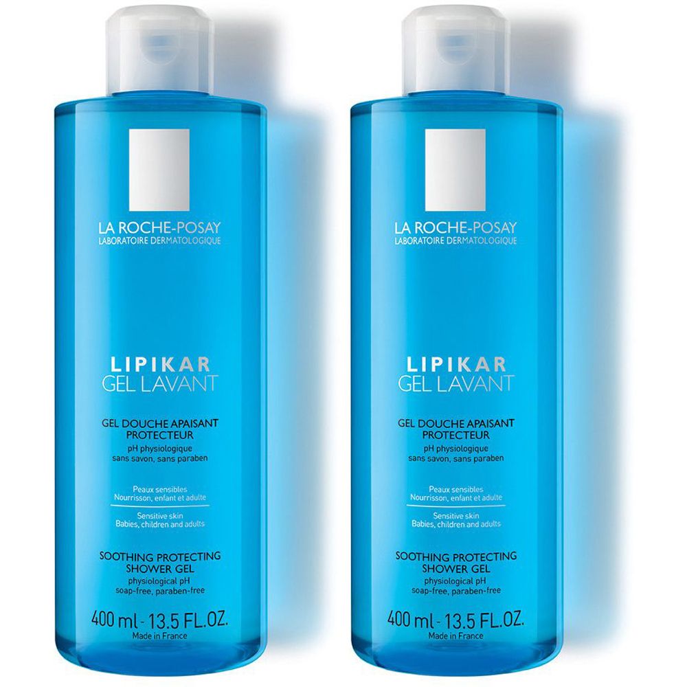 Due flaconi blu con tappi bianchi. Scritta: La Roche-Posay, Lipikar Gel Lavant, gel doccia. 400 ml.