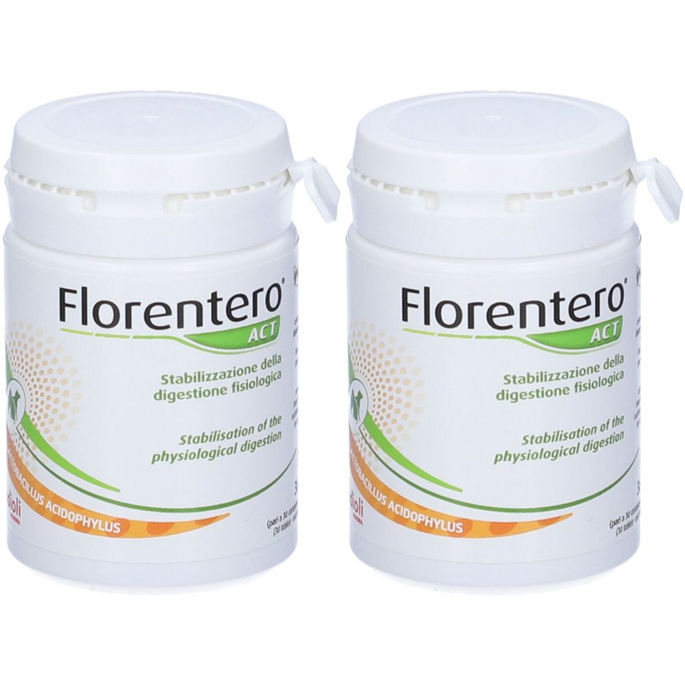 Due contenitori bianchi con coperchi. Scritta Florentero ACT. Testo sulla stabilizzazione della digestione. Scritta Lactobacillus Acidophilus.