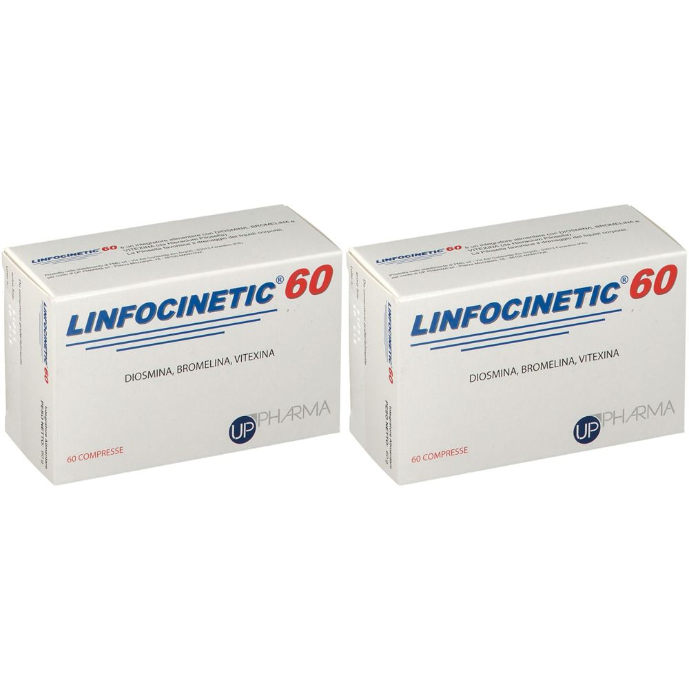Due scatole bianche con la scritta LINFOCINETIC 60. Scritta: Diosmina, Bromelina, Vitexina. Logo UP Pharma.