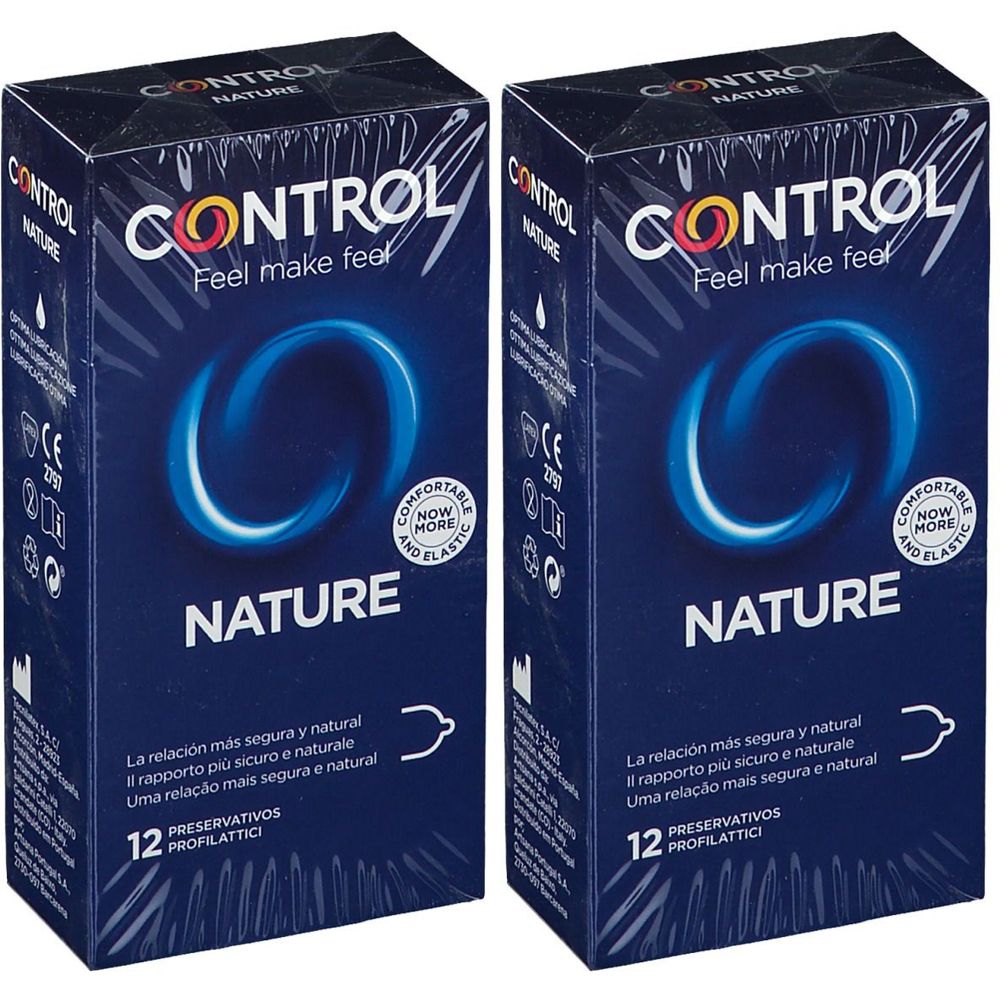 Due scatole di profilattici CONTROL NATURE. Scritto "12 profilattici". Marchio CE.