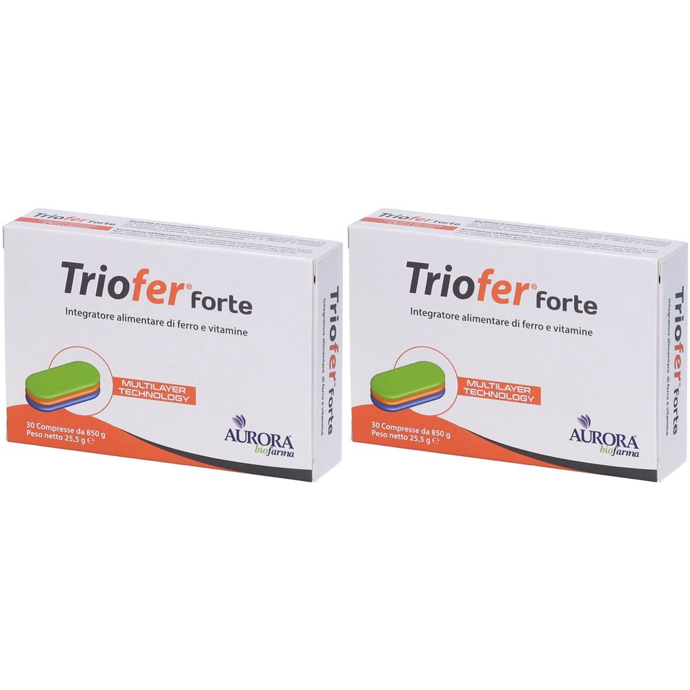 Due confezioni di Triofer forte. Scritta: Integratore alimentare di ferro e vitamine. Logo Aurora Biofarma. Tecnologia multistrato.