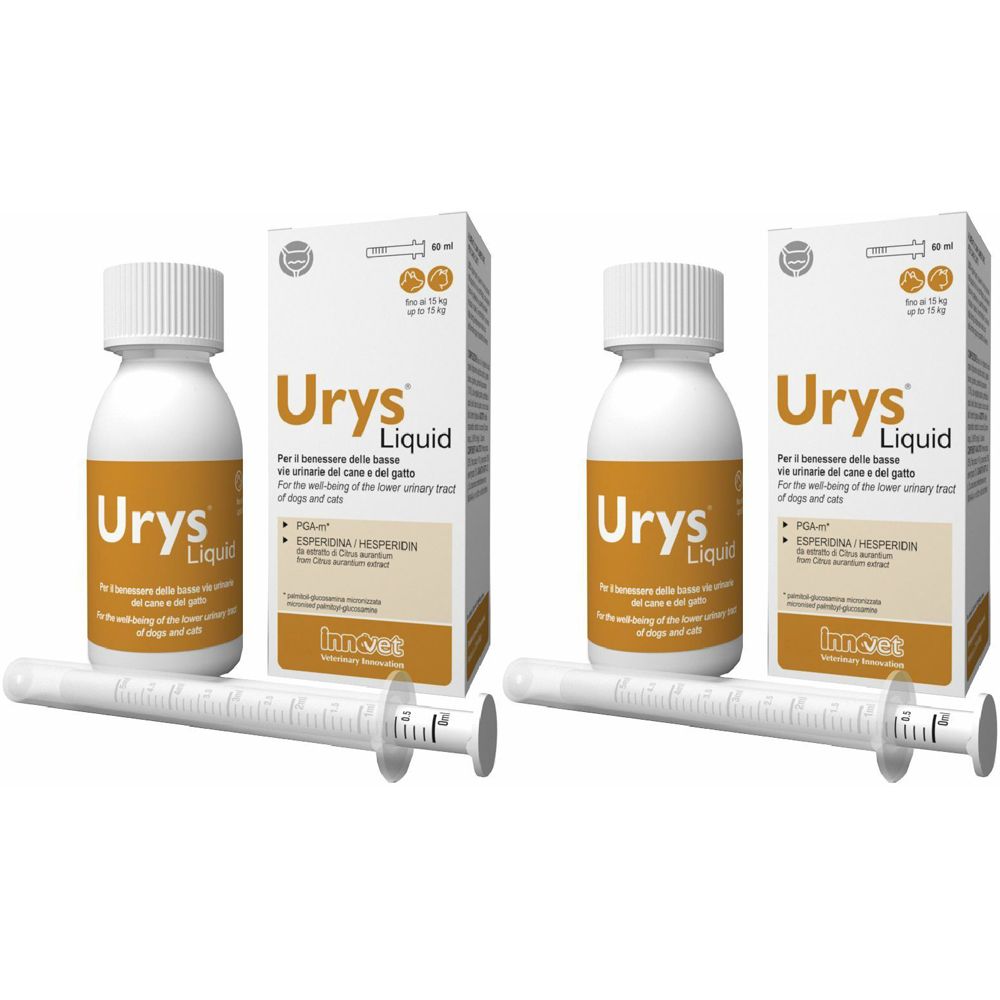Due bottiglie e confezioni "Urys Liquid" con due siringhe. Prodotto per la salute degli animali.