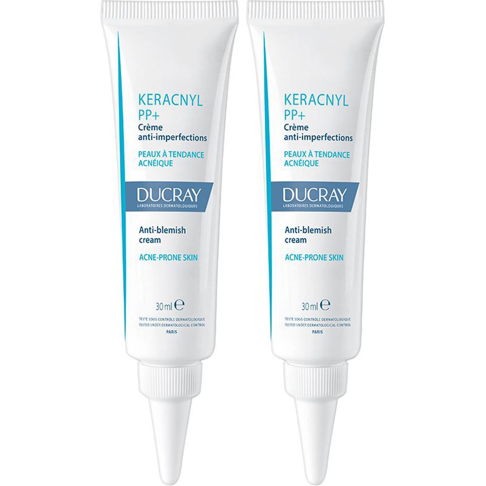 Due tubi di crema. Scritta: Keracnyl PP+, Crème anti-imperfections, Ducray, Anti-blemish cream, per pelli a tendenza acneica.