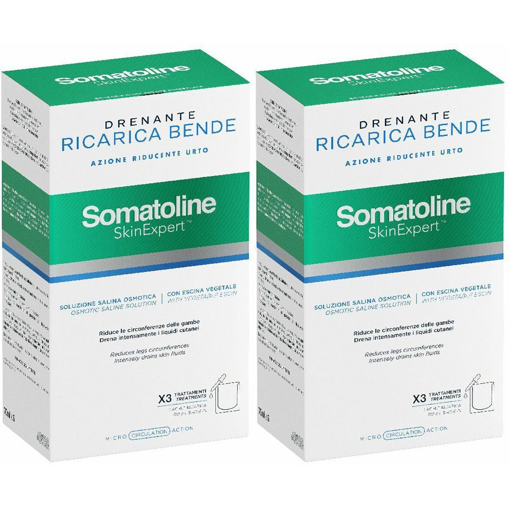 Due scatole bianche con dettagli verdi. Scritto: Somatoline SkinExpert Drenante Ricarica Bende.