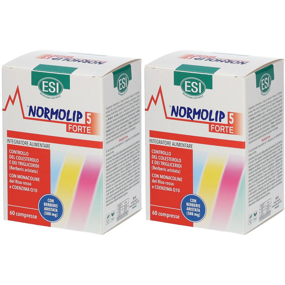 Due scatole bianche "ESI Normolip 5 Forte". Scritta in italiano. Contiene 60 compresse. Logo ESI e informazioni sul controllo del colesterolo.