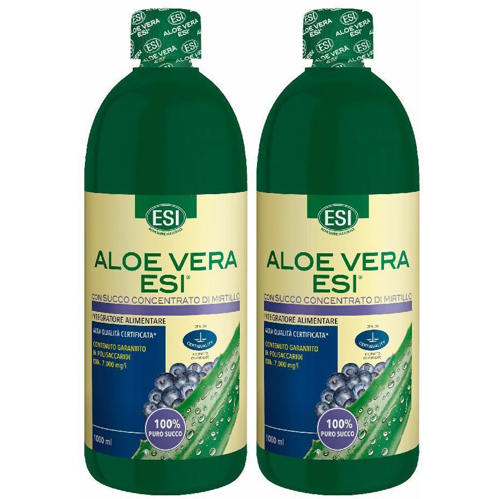 Due bottiglie verdi con etichette. Scritta: Aloe Vera ESI, con concentrato di mirtillo. 100% succo puro.