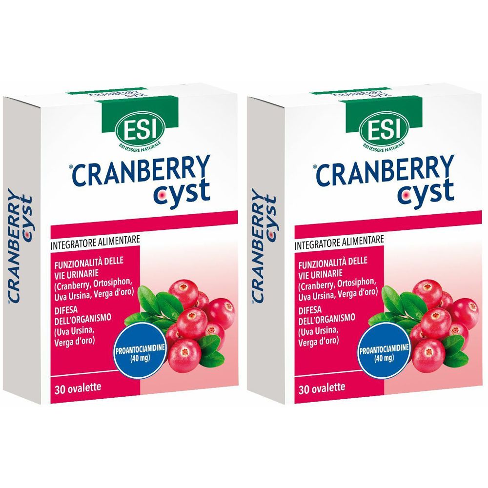 Due confezioni di "Cranberry cyst". Ogni confezione presenta immagini di mirtilli rossi e informazioni sul prodotto.