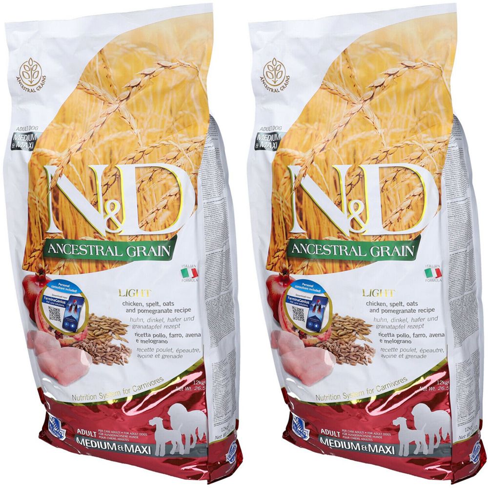 Due sacchi di cibo per animali. Scritta: N&D Ancestral Grain. Illustrazione di spighe di grano, pollo e melograno. Testo: Light, Medium & Maxi.