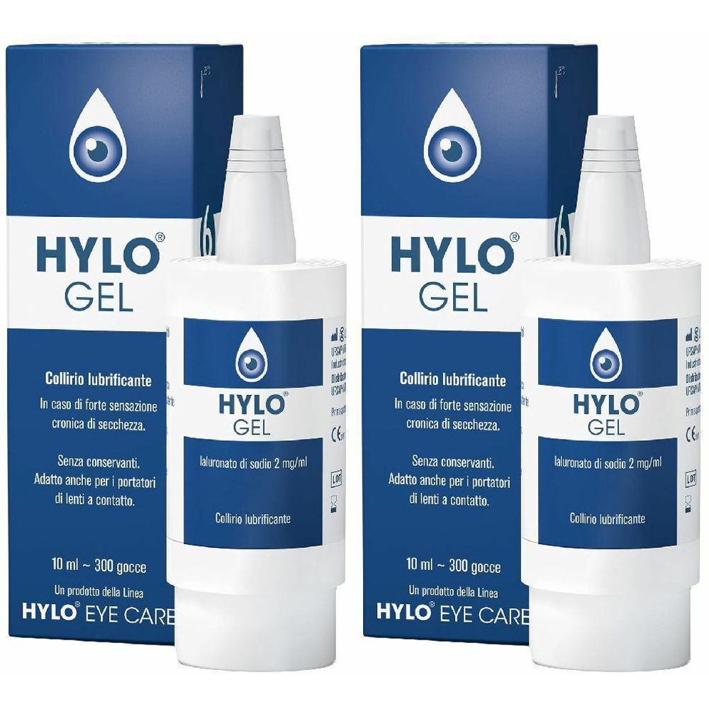 Due confezioni di Hylo® Gel. Flaconi bianchi con testo e confezione blu. Testo: HYLO GEL, collirio, 10 ml.
