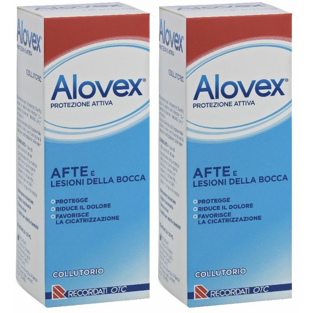 Due confezioni rettangolari. Scritte: Alovex, Protezione Attiva, Afte e Lesioni della Bocca. Design rosso e blu.