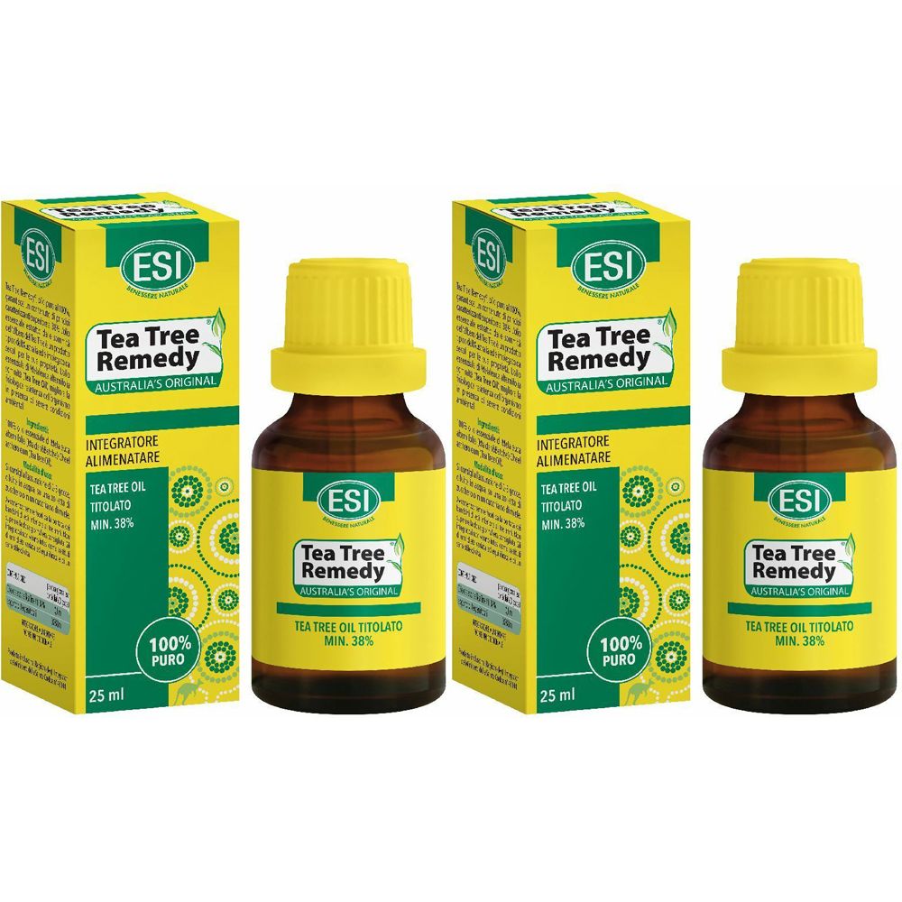 Due flaconi e due scatole con etichette gialle. Le etichette riportano "Tea Tree Remedy" e "ESI".