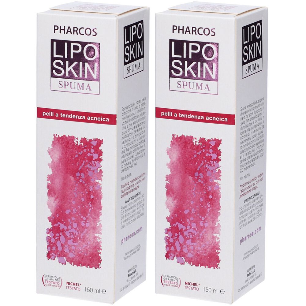 Due confezioni bianche con testo. Sfondo rosso e punti viola. 150 ml. Marchio PHARCOS.