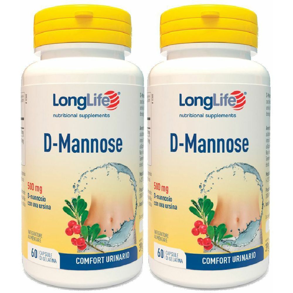 Due flaconi bianchi con tappi gialli. Scritta: LongLife D-Mannose, 500 mg, 60 capsule. Immagine di un basso ventre sul flacone.