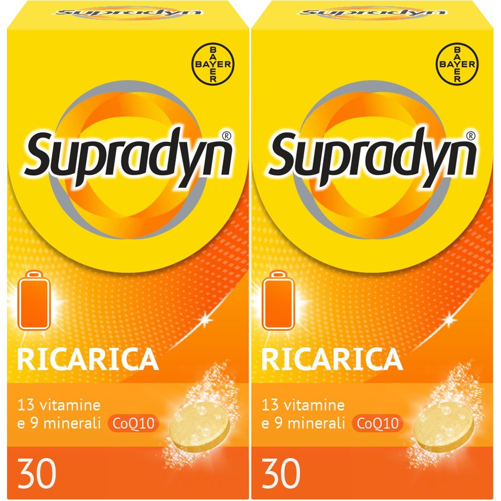 Due confezioni di Supradyn Ricarica. Confezione gialla con logo e informazioni.