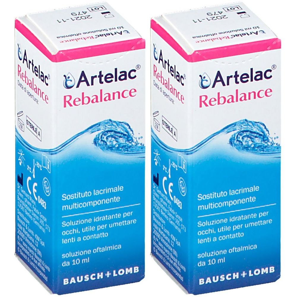 Due scatole Artelac Rebalance. Confezione bianca con grafica rosa e blu. Testo: collirio, Bausch + Lomb.