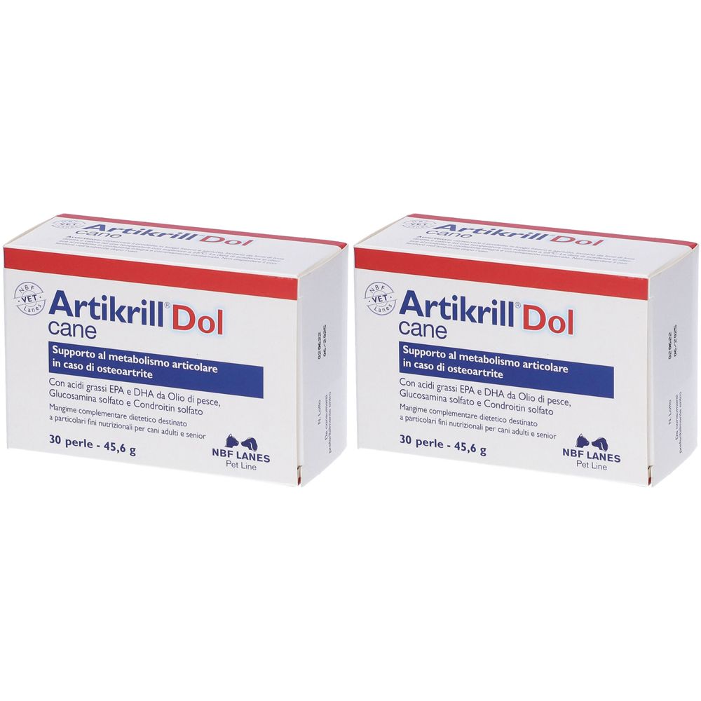 Due scatole di Artikrill Dol per cani. Scritta: "Supporto al metabolismo articolare in caso di osteoartrite".