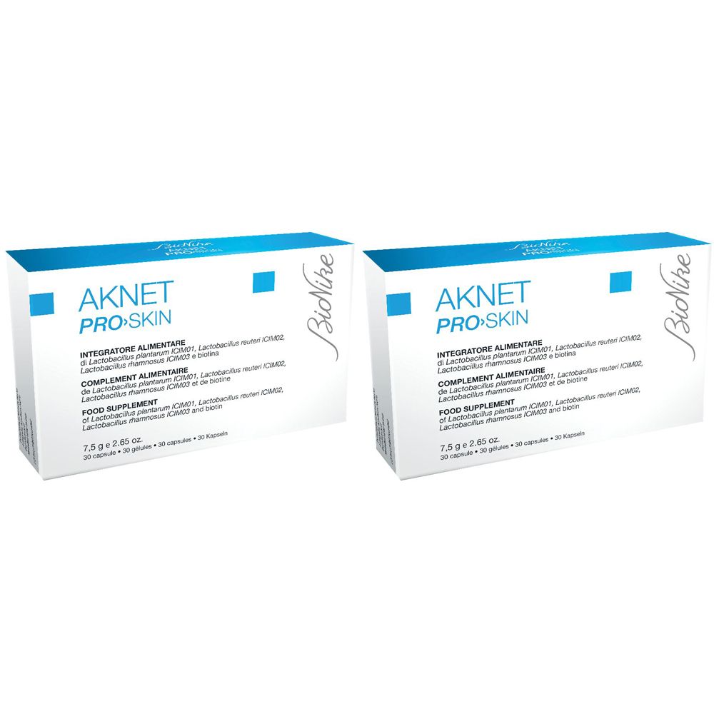 Due confezioni "AKNET PRO-SKIN". Marchio "BioNike". Contiene integratori alimentari.
