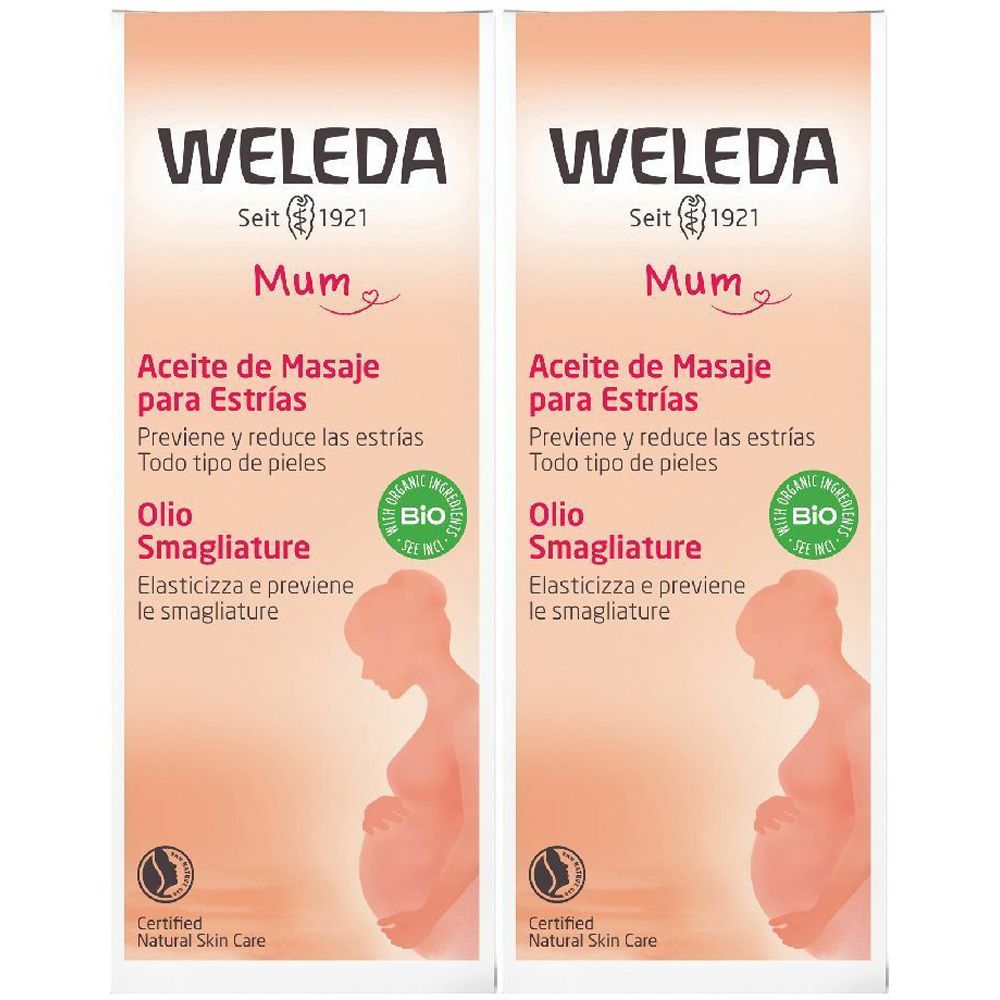 Due flaconi WELEDA Olio Smagliature. Scritta: Mum, sigillo Bio, Aceite de Masaje para Estrías, Olio Smagliature, Certified Natural Skin Care.