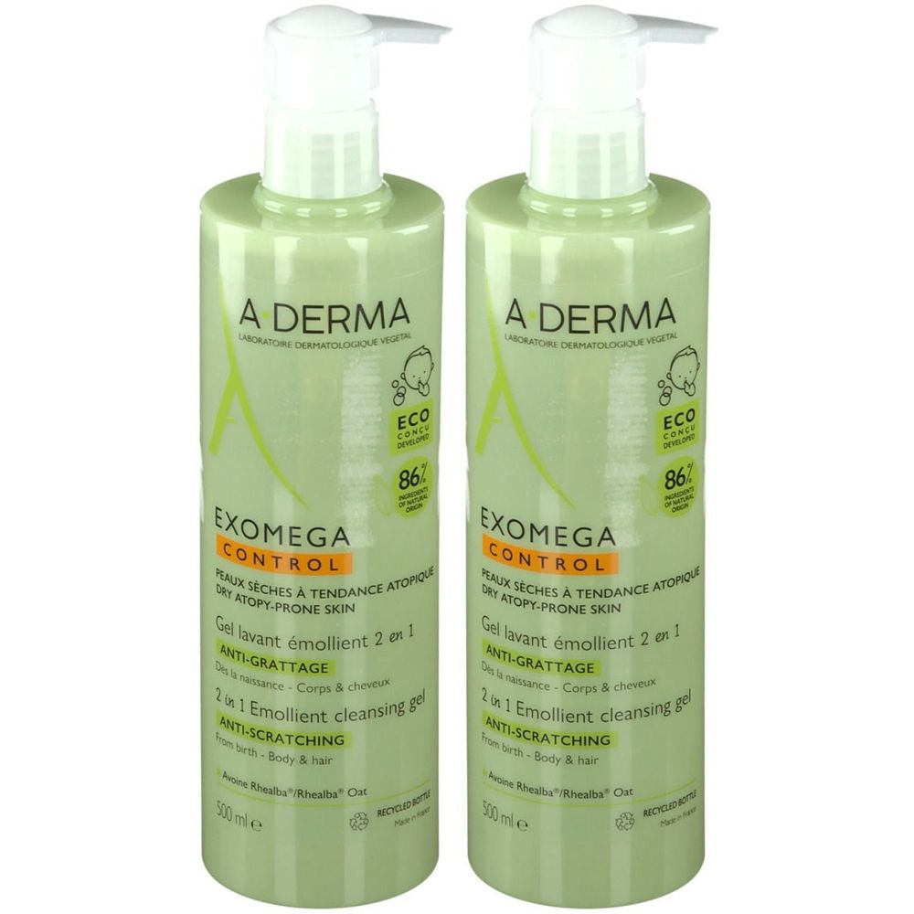 A-DERMA Exomega Control Gel Detergente Emolliente 2 in 1 Corpo e Capelli Set da 2