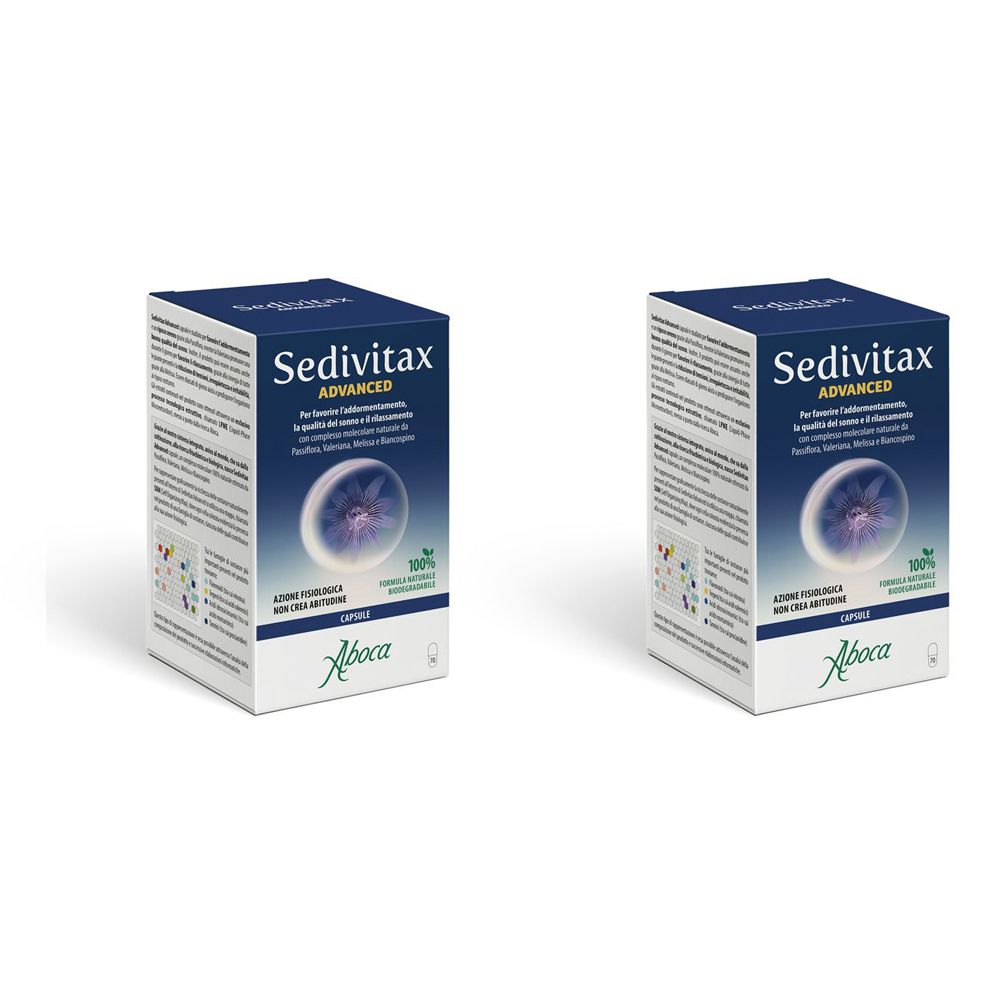 Due scatole rettangolari con logo Sedivitax Advanced. Confezione blu e bianca con testo e logo.