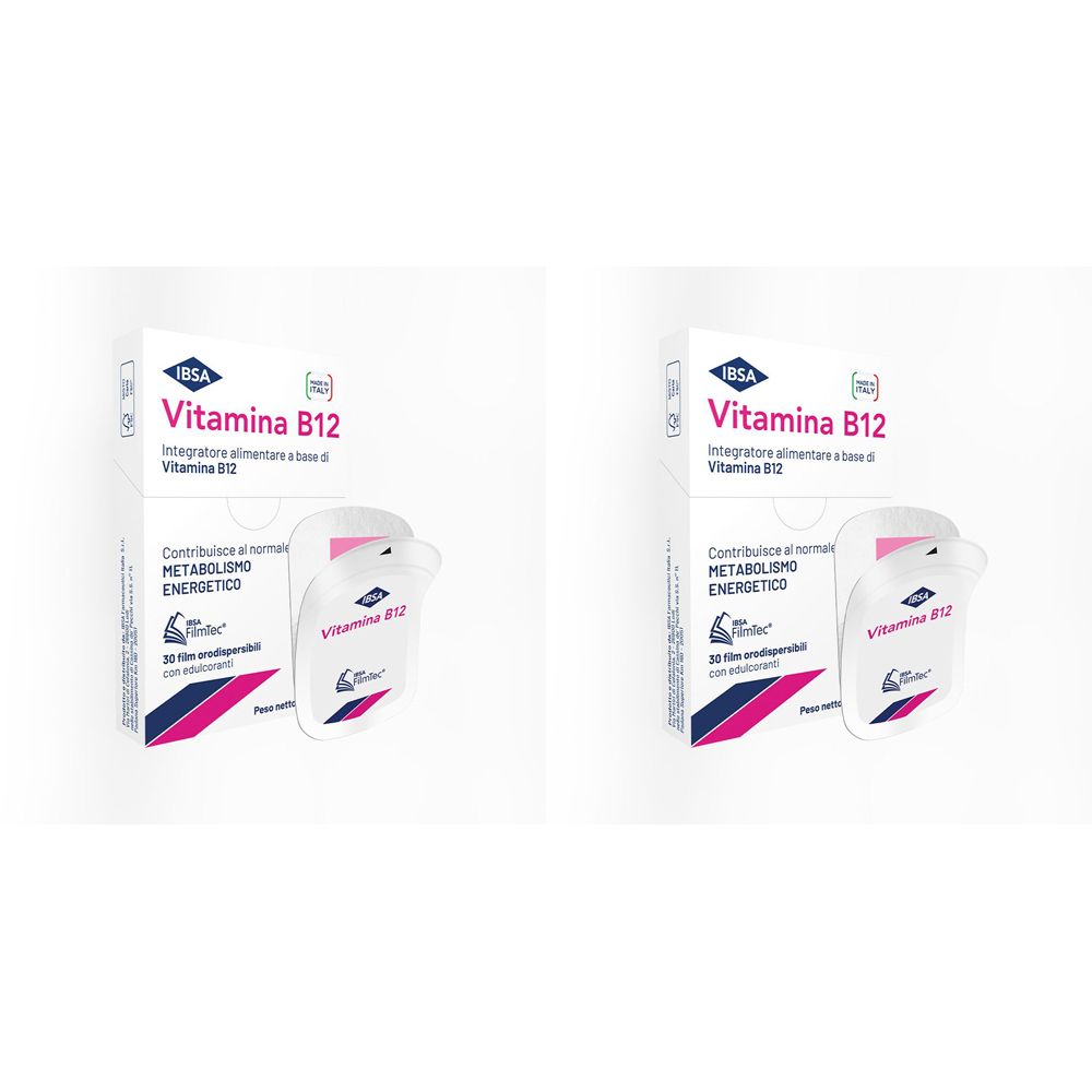 Due confezioni di Vitamina B12 IBSA. Scatole bianche con dettagli rosa e blu. Bustine singole con nome del prodotto.