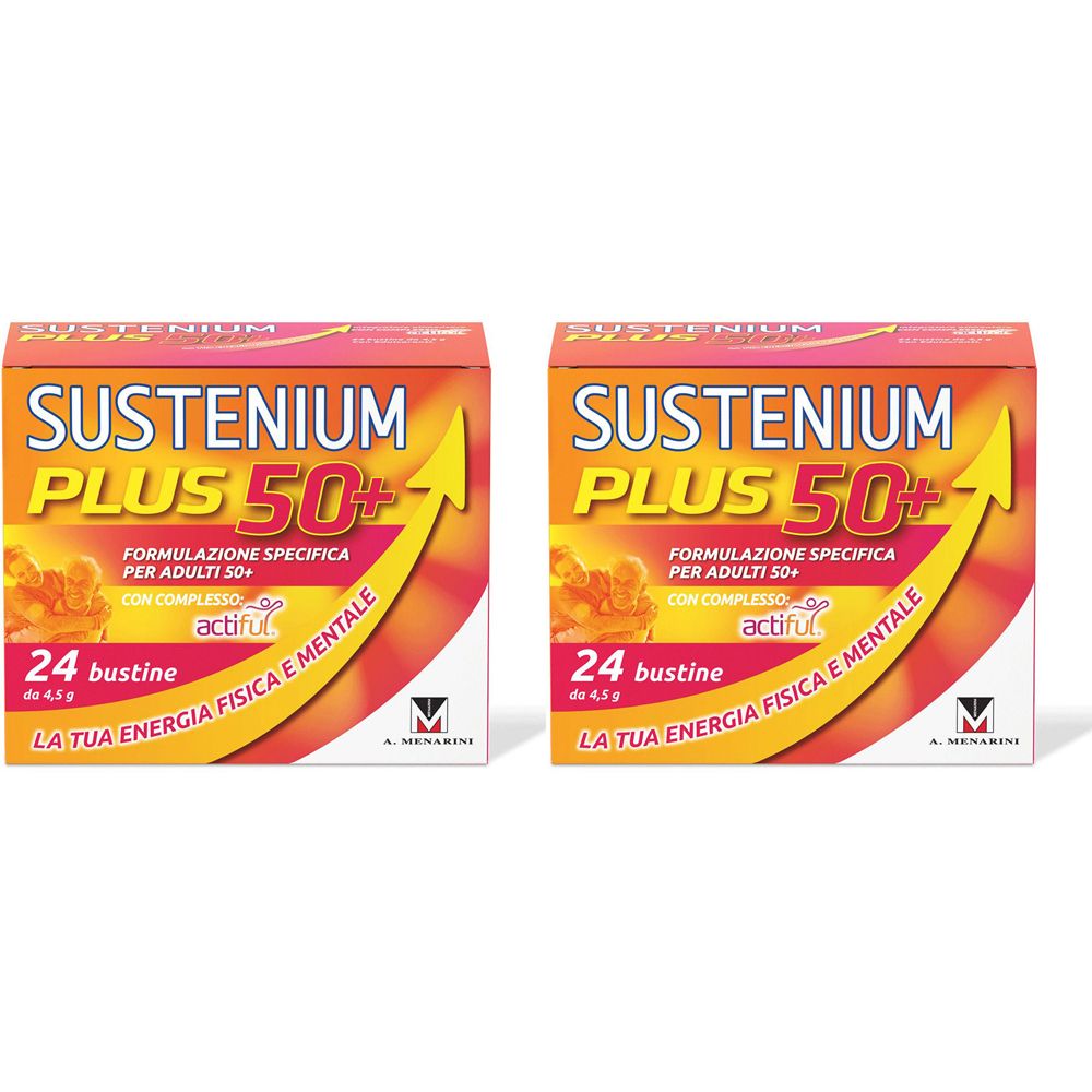 Due confezioni di Sustenium Plus 50+. Scritta: 24 bustine, Actiful, per adulti 50+. Confezione arancione-gialla.