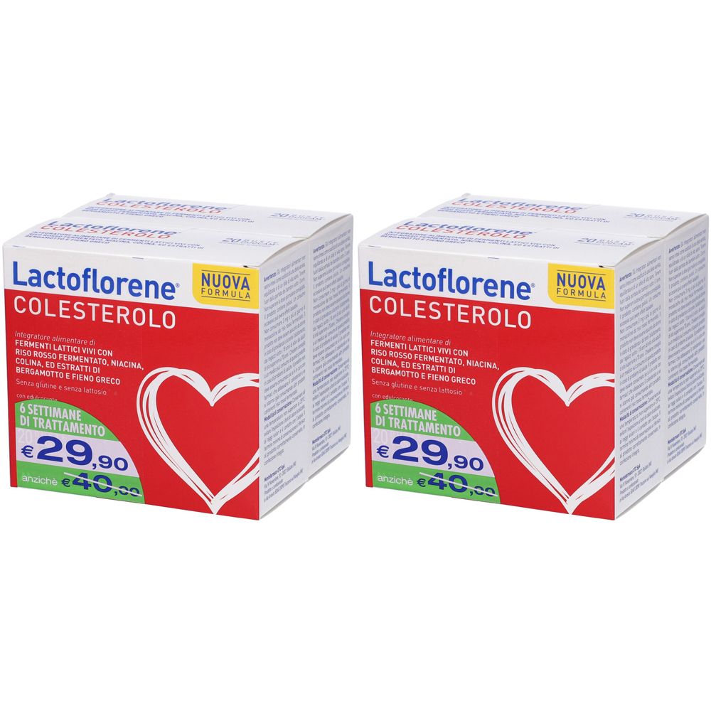 Due confezioni di Lactoflorene Colesterolo. Confezione rossa con cuore e informazioni prodotto. Prezzo: 29,90 €.