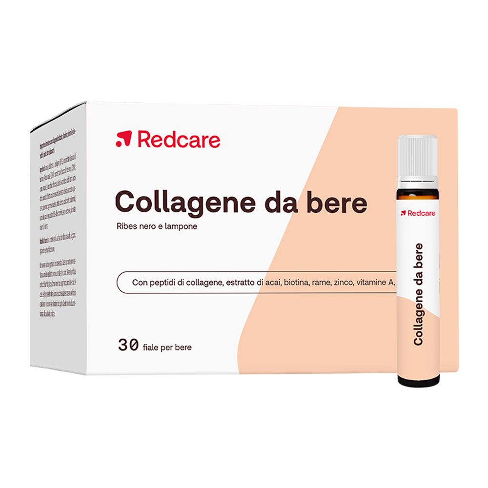 Scatola di Redcare Collagene da bere. Contiene 30 fiale. Scritto: Collagene da bere, Ribes nero e lampone.