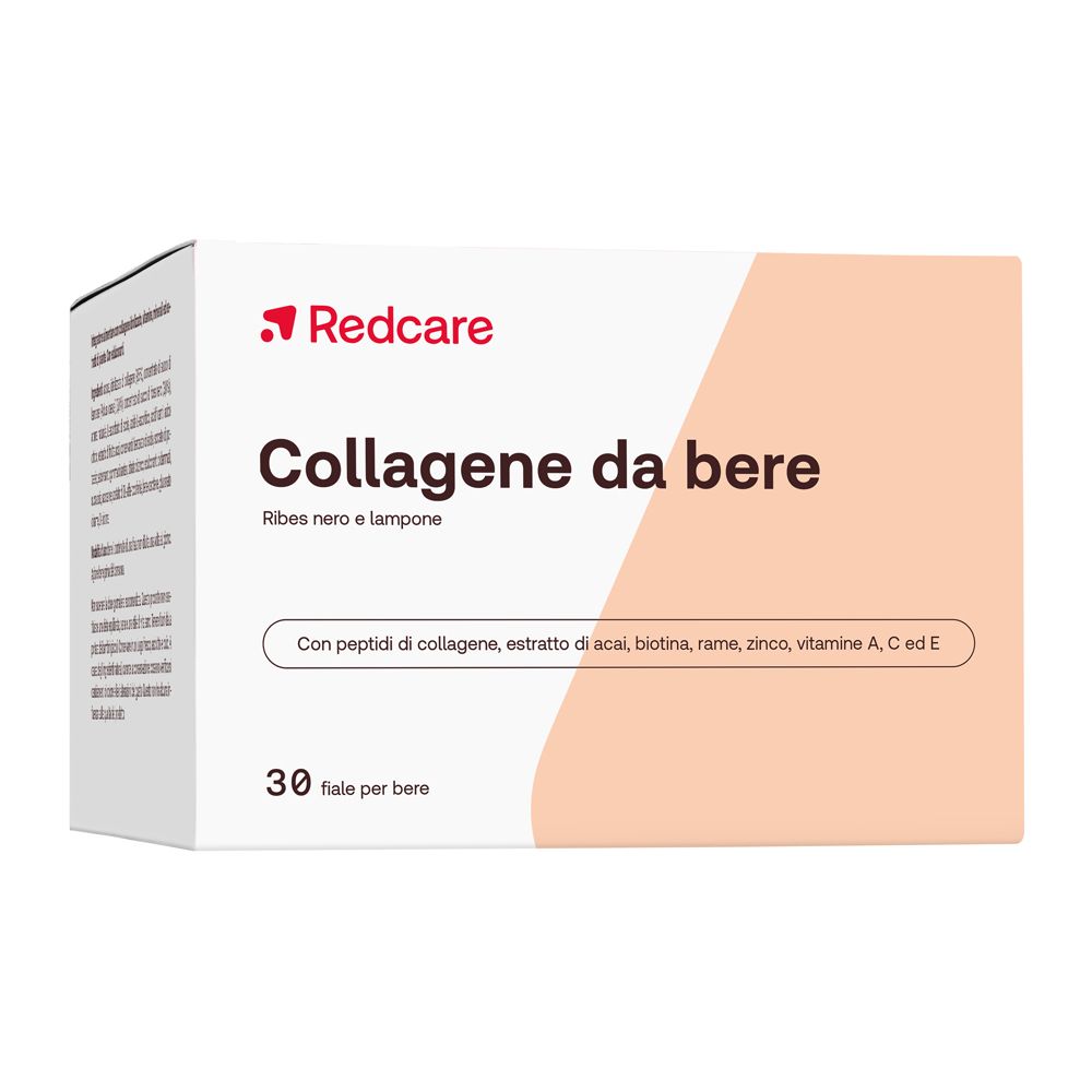 Scatola di Redcare Collagene da bere. Contiene 30 fiale. Scritto: Collagene da bere, Ribes nero e lampone.