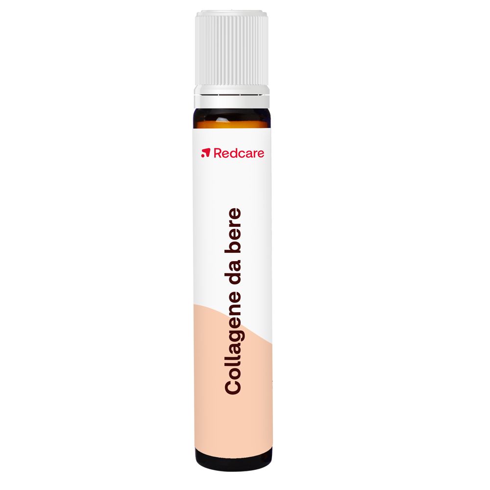Fiala Redcare Collagene da bere. Scritto: Collagene da bere. Marchio rosso. Sfondo bianco.