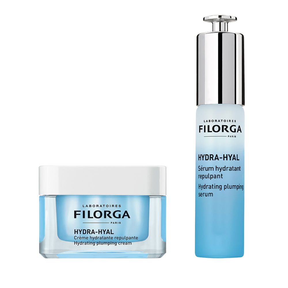 Due prodotti cosmetici: vasetto di crema e flacone di siero. Liquido blu e testo bianco. Marchio: FILORGA, linea: HYDRA-HYAL.