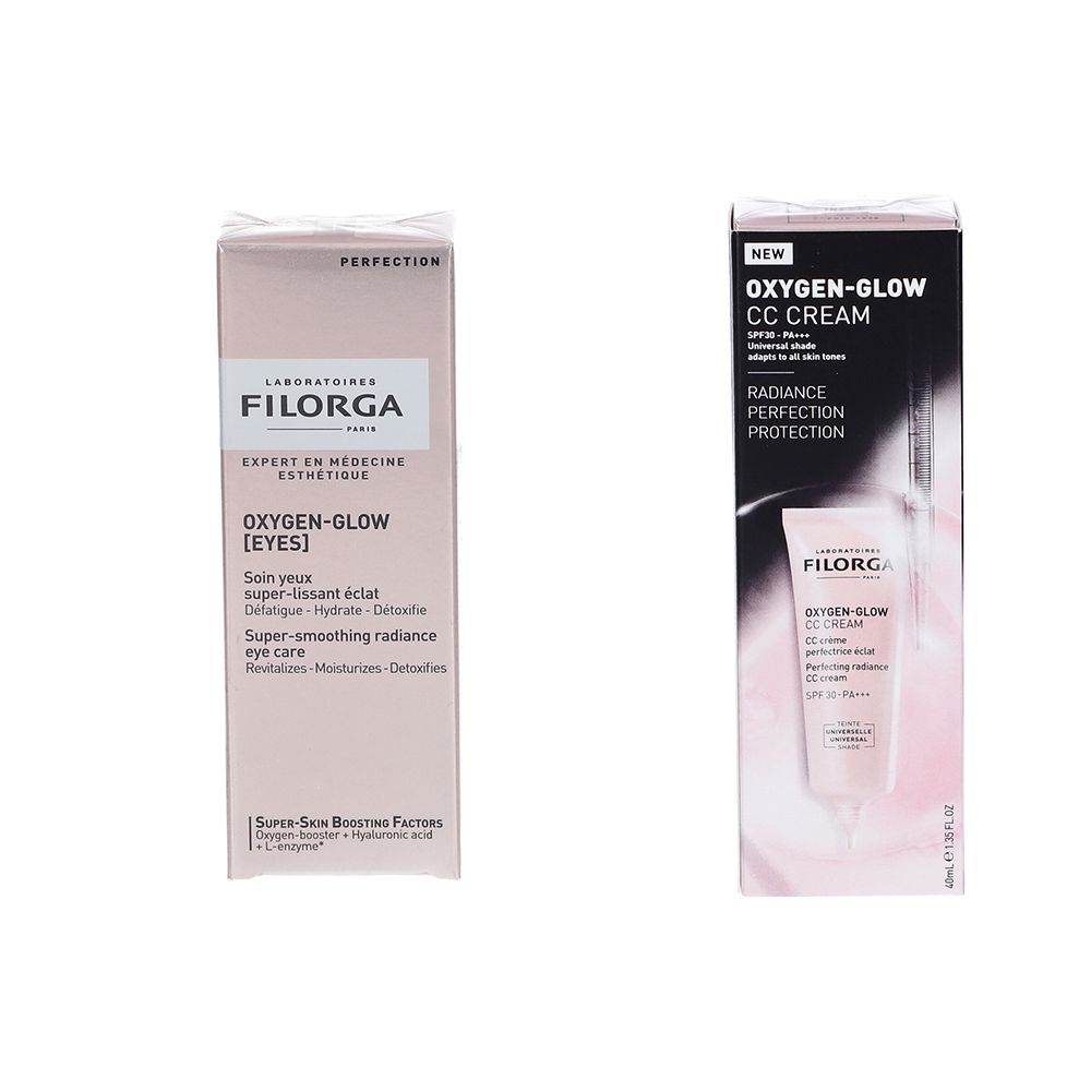 Due confezioni cosmetiche. A sinistra: FILORGA Oxygen-Glow [Eyes]. A destra: Oxygen-Glow CC Cream. Informazioni sui prodotti.