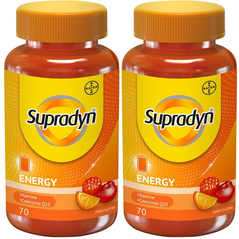 Due bottiglie di Supradyn Energy. Etichette gialle con nome, simbolo energia e ingredienti. Tappi arancioni.