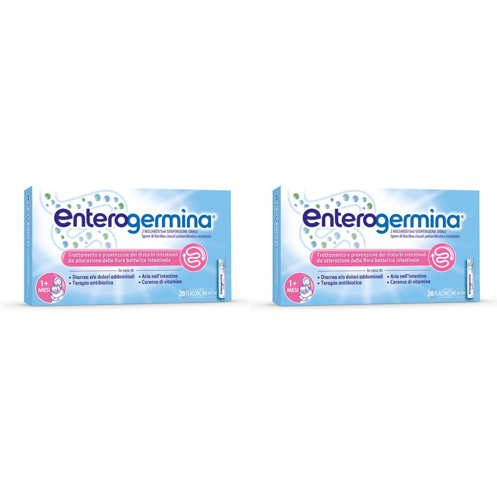 Due confezioni di Enterogermina. Scatole azzurre con nome e informazioni. Flaconcini visibili.