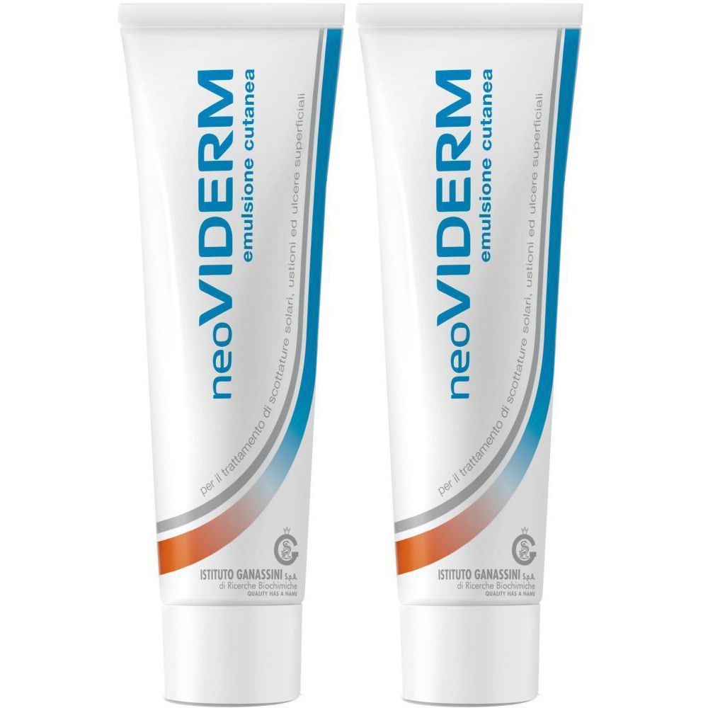 Due tubi bianchi. Su ogni tubo è presente la scritta "neoVIDERM emulsione cutanea".