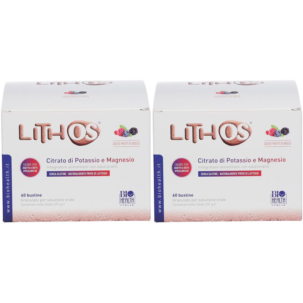 Due scatole "Lithos". Scritta "Citrato di Potassio e Magnesio". Contiene 60 bustine. Marchio Biohealth.