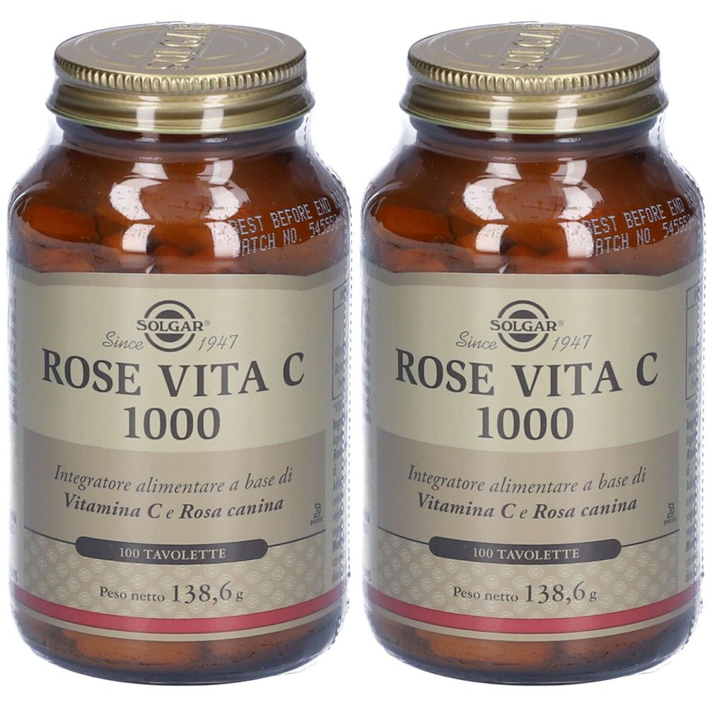 Due bottiglie di vetro marrone con tappi dorati. Le etichette riportano "ROSE VITA C 1000" e "SOLGAR".