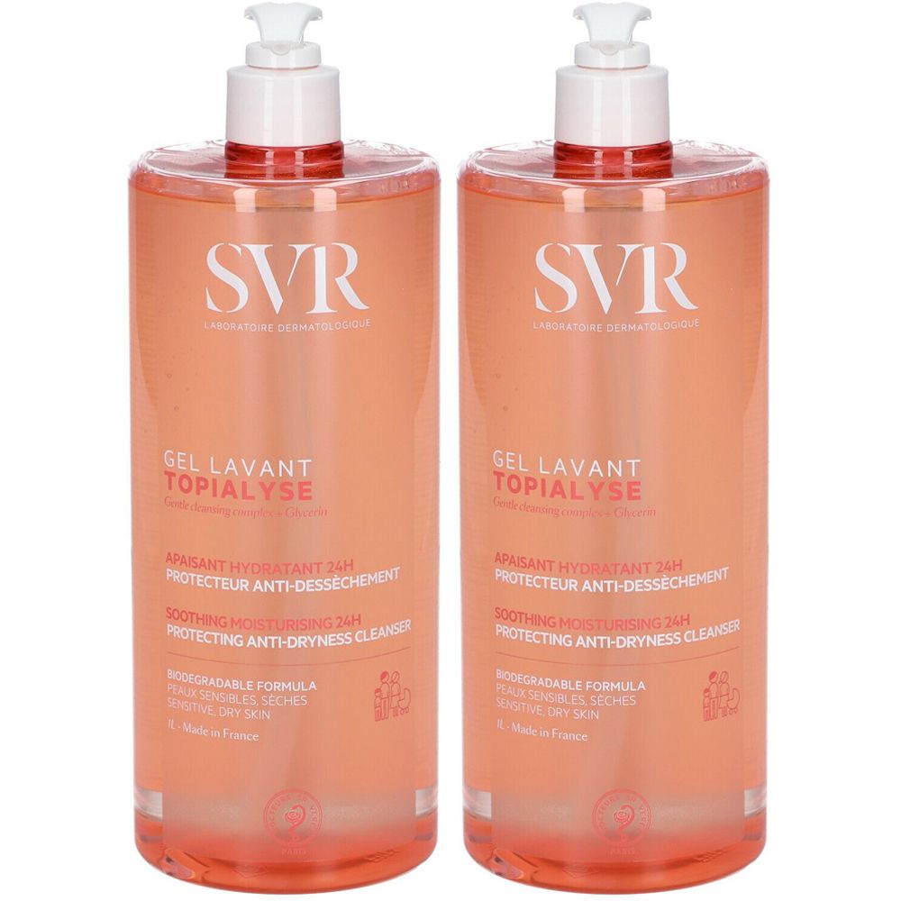 Due flaconi di gel rosa con erogatori bianchi. Sui flaconi è scritto "SVR GEL LAVANT TOPIALYSE".
