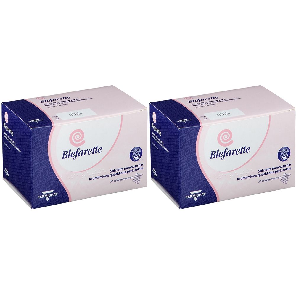 Due scatole rosa e blu. Scritta "Blefarette". Testo in italiano. Logo a spirale.