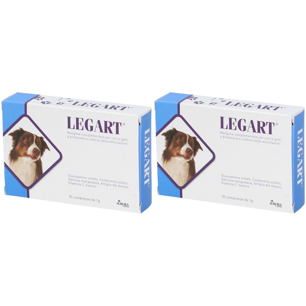 Due scatole rettangolari. Scritta LEGART con immagine di cane. Confezione blu e bianca. Testo in italiano.