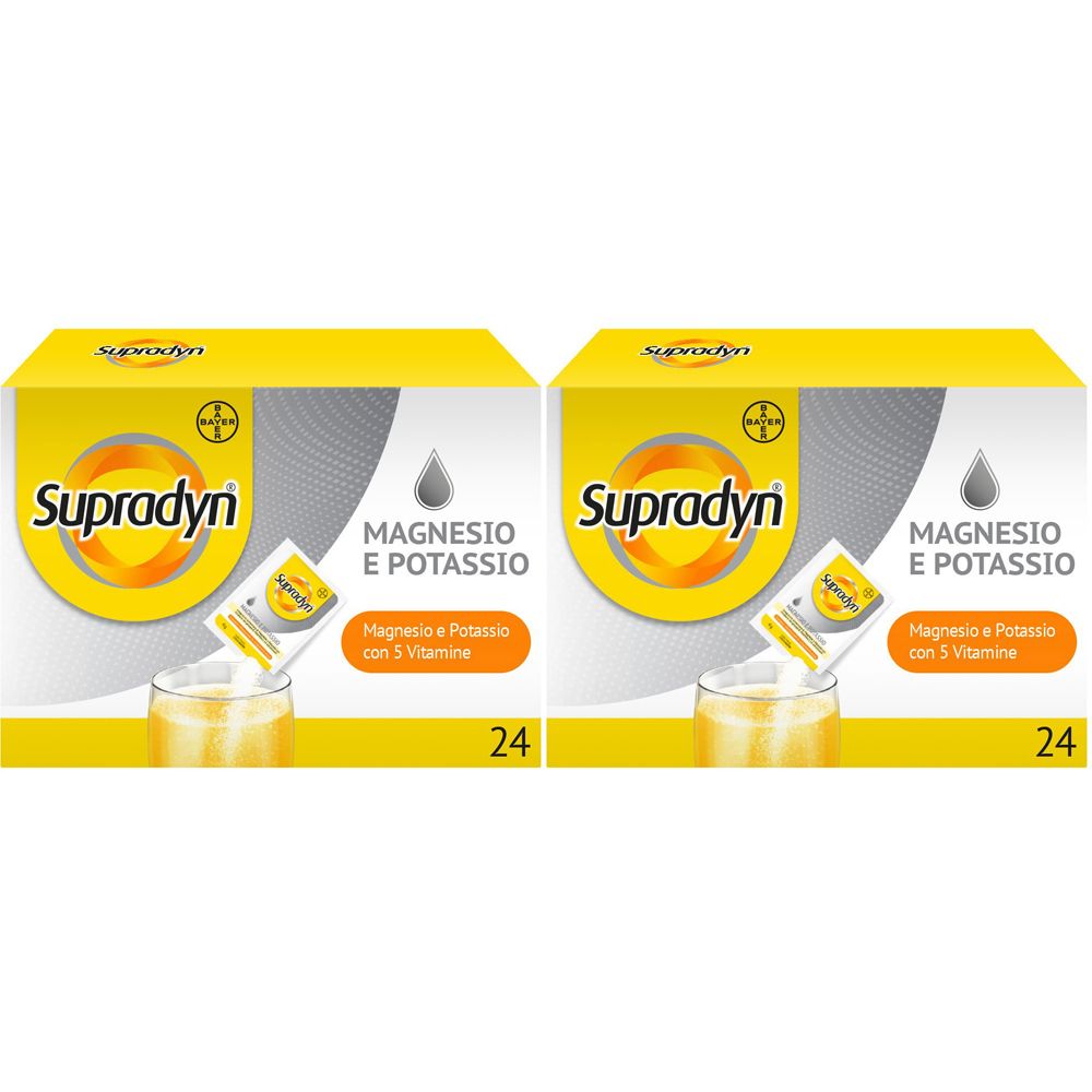 Due confezioni di Supradyn Magnesio e Potassio. Confezione gialla con nome e logo del prodotto.