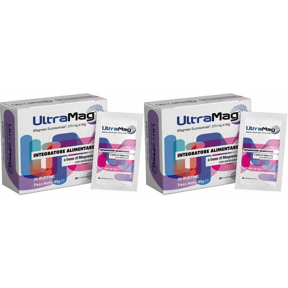 Due confezioni UltraMag, integratori alimentari. Ogni confezione contiene 20 bustine. Scritta: Integratore Alimentare.